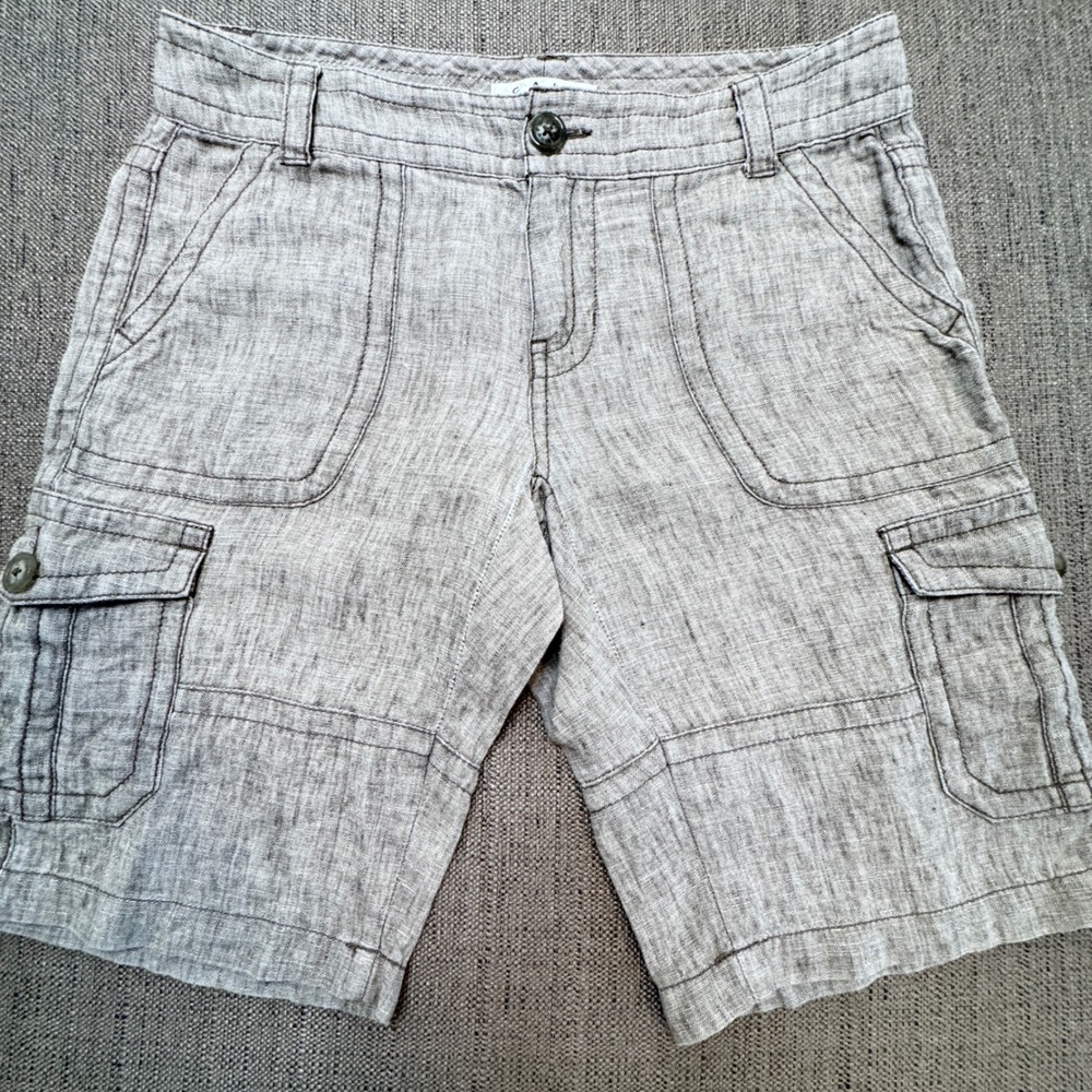 Cabi Womens 4 Linen Cargo Shorts Beige Oatmeal Utility Mid Rise 9 Inseam